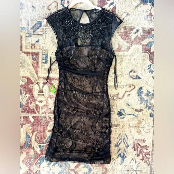 bebe black lace dress Bebe Women's Lace-Up Back Midi Dress
